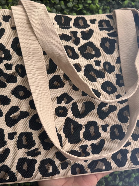 Handbags - Beige Leopard Knit Tote Bag with Black Print